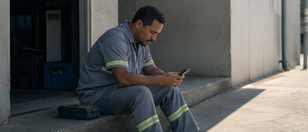 Trabalhador conferindo no celular o extrato do FGTS a procura de depositos em falta