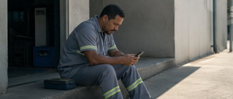 Trabalhador conferindo no celular o extrato do FGTS a procura de depositos em falta