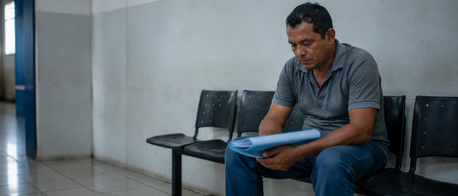 Advogado para benefício negado pelo INSS em Belém-PA, segurado com a pasta de documentos após o indeferimento