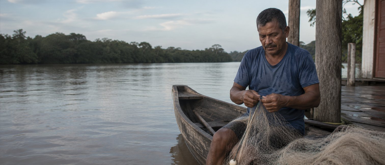 Advogado de aposentadoria do pescador artesanal em Belém-PA e no Baixo Tocantins, pescador remendando rede na canoa